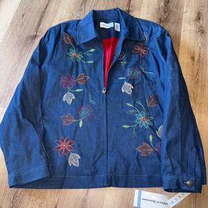 Alfred Dunner Denim Jacket Floral Embroidered Full Zip Up Casual‎ Blue 16